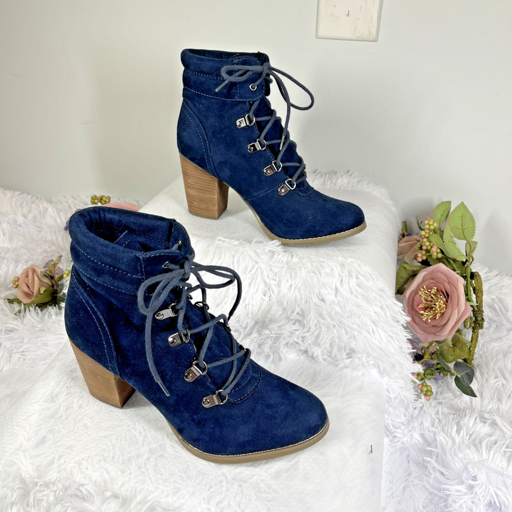 Cato Womens Size 8 Navy Blue Faux Suede Lace Up Ankle Boots Block Heel Booties